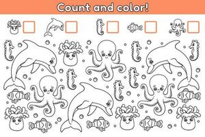 Educational math game for kids. Find, count how many cartoon sea animals and color. Page of coloring book. Activity for children. Cute dolphins, octopuses, fishes, seahorses, anemones. Vector outline