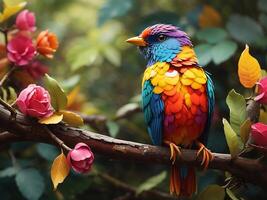 un vistoso pájaro en bosque ai generado foto