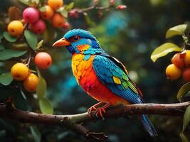 un vistoso pájaro en bosque ai generado foto