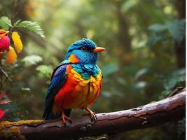 un vistoso pájaro en bosque ai generado foto