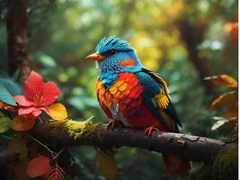 un vistoso pájaro en bosque ai generado foto