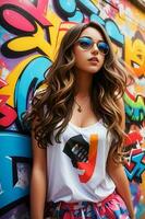 Beautiful Girl on a Colorful Graffiti Background photo