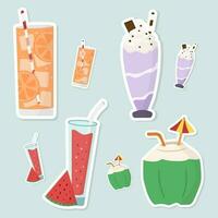 Set of juice and milkshake stickers. Hand drawn vector illustration.