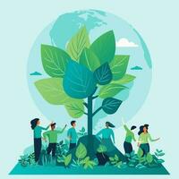 people standing around a tree with leaves and plants vector