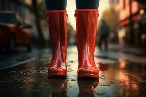 Red rubber boots. Generate Ai photo