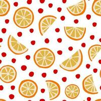 Orange fruit and dots seamless pattern. Christmas season simple vector background in red and orange colors. Dried orange slices repeat pattern.