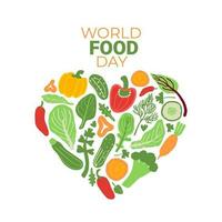 World food day poster with vegetables in a shape of a heart with text above. Nutrition, healthy diet print. Vegetarian, vegan day. vector