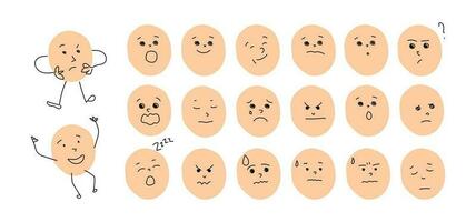 Cartoon human faces with diverse emotions. Children face illustration with different feelings. People facial expressions. Emotions icons. vector