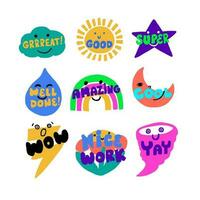 Cute reward stickers for children. Bright, colorful encouragement labels for good work. School feedback labels with cute wetaher themed characters and text. vector