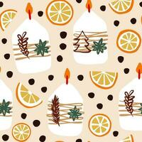 Candles and dried oranges Christmas seamless vector pattern. Hand drawn repeat pattern with winter motifs. Great as a background, wrapping paper, gift bag design.