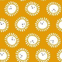 Cute smiling cartoon white sun characters seamless pattern on yellow background. Childish fun summer vector illustration. Repeatable sunny texture in doodle style. Fabric, paper design.