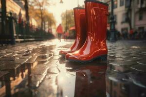 Red rubber boots. Generate Ai photo