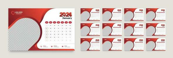 Abstract red gradient color corporate desk calendar template with 12 months accurate date format for the year 2024 vector