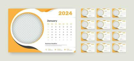 Simple minimalist 12 months desk calendar template for 2024 with circular photo placeholder and abstract shapes vector