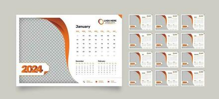 Modern 12 pages desk calendar template for the year 2024 with abstract gradient shapes and an image placeholder vector