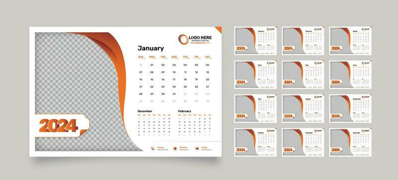 Modern 12 pages desk calendar template for the year 2024 with abstract gradient shapes and an image placeholder