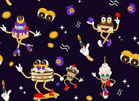 Seamless pattern with cartoon dessert character and groove style elements. Psychedelic Pancake, cake, piece of cake, holiday candles, berries. Modern fashion vector illustration.