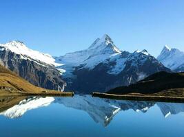 espectacular panorámico puntos de vista de alto picos reflejado encima lago bachalpsee, Suiza, Grindelwald. foto