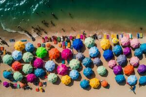 Beach colorful umbrella. Generate Ai photo