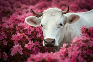 Cow inside flowers. Generate Ai photo