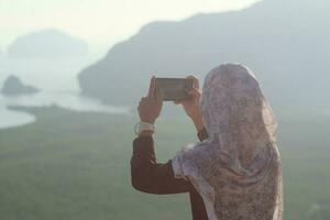 Muslim wear hijab girl take photo image natural