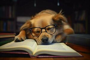 Dog asleep reading. Generate Ai photo