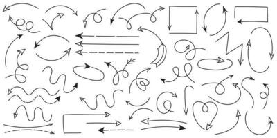 Curved arrows. Set of hand drawn arrows. Collection of pointers. Vector illustration.