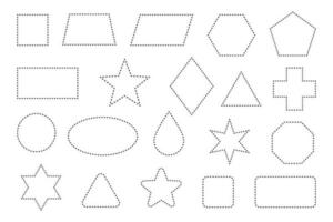 Dash line shapes. Dashed outline of circle, square, star, triangle and oval for coupon. Design of border for basic geometric shapes. Icon of cut frame. Vector illustration.