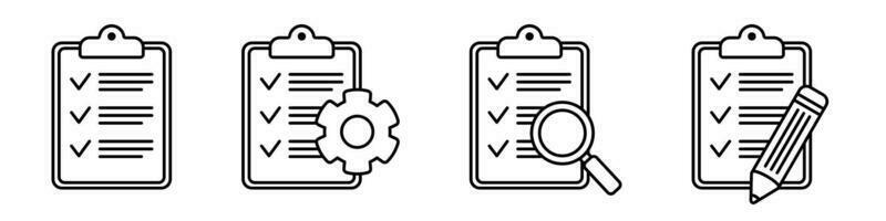 Clipboard icon. Checklist with gear, magnifier and pencil. Vector illustration.