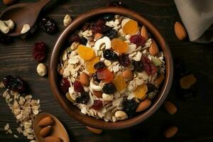 Muesli oats fruits topview. Generate Ai photo