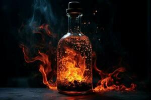 Glass bottle fire smoke. Generate Ai photo