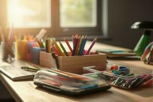 School supplies on wooden table. Generate Ai photo