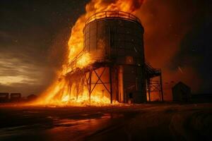 Burning flame grain silo. Generate Ai photo