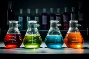 Colorful beakers chemical. Generate Ai photo