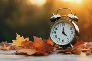 Alarm clock autumn table. Generate Ai photo