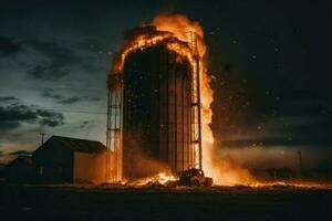 Burning grain silo. Generate Ai photo