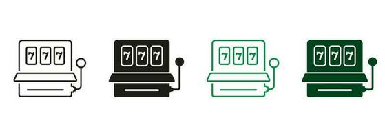 Casino Lucky, Jackpot, 777 in Las Vegas Pictogram. Slot Machine Line and Silhouette Icon Set. Fruit Machine, Gamble Sign. Gambling, Lottery, Money Game. Isolated Vector Illustration.