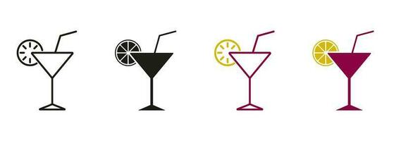 Ice Summer Cocktail Glass with Straw and Lime. Tropical Coctail. Cocktail Margarita Line and Silhouette Icon Set. Drink Martini, Liquor, Vodka, Champagne Pictogram. Isolated Vector Illustration.