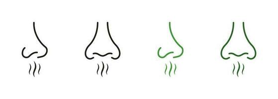 Nasal Odor Sniff Pictogram Set. Human Nose Smells Linear Symbol Collection. Nose Loss Sense, Smell, Scent Line Icons. Bad Aroma, Breath Air Outline Black and Color Signs. Isolated Vector Illustration.