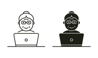 Old Senior Woman Influencer Line and Silhouette Icon Black Set. Retired Blogger Creating Content Pictogram. Elder Person with Computer Symbol on White Background. Isolated Vector Illustration.