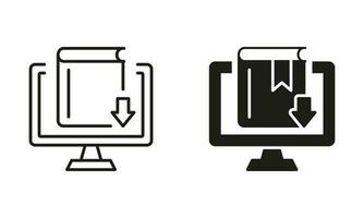 Online Library Silhouette and Line Icon Set. Distance Education. Download Ebook Concept. Elearning Resources Sign Collection. Download Files, Information, Magazines. Isolated Vector Illustration.