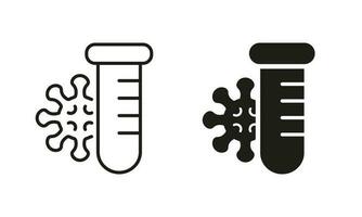 Blood Test Tube and Virus Bacteria Line and Silhouette Icon Set. Covid Pcr Test Symbol Collection. Medical Examination. Flu Disease, Coronavirus Laboratory Analysis. Isolated Vector illustration.