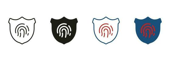 Biometric Identification Symbol Collection. Privacy Protection Pictogram. Fingerprint with Shield Line and Silhouette Icon Set. Password Access by Identity Finger Print. Isolated Vector Illustration.