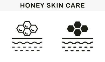 Honey Product for Skin Care Line and Silhouette Black Icon Set. Collagen Extract for Cosmetic Procedure Pictogram. Honeycomb Hexagon on Skin Structure Symbol Collection. Isolated Vector Illustration.