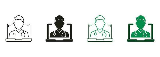 Online Digital Medicine Line and Silhouette Icon Set. Telemedicine, Virtual Medicine Service Sign. Doctor in Computer, Online Medical Healthcare Pictogram Collection. Isolated Vector Illustration.