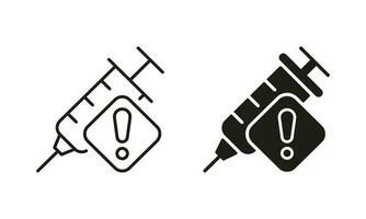 Vaccine Warning Line and Silhouette Icon Set. Vaccination Syringe with Alert Sign. Precautions About Drug, Dope, Narcotic Syringe Symbol Collection. Isolated Vector illustration.