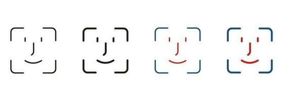 Face ID Line and Silhouette Icon Set. Facial Recognition Pictogram. Biometric Identification Scan Technology Symbol Collection. Verification on Smartphone Sign. Isolated Vector Illustration.