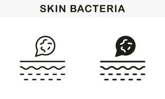 bacterias en piel línea y silueta negro icono colocar. piel capa con microbios flora pictograma. microorganismos en estructura de humano dermis símbolo recopilación. aislado vector ilustración.