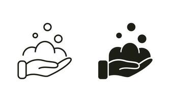 Washing Hands with Soap Symbol Collection. Human Hand, Soap Foam and Bubbles Line and Silhouette Icon Set. Concept of Prevention, Care and Protection Health. Isolated Vector illustration.