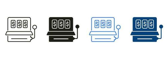 Slot Machine Line and Silhouette Icon Set. Fruit Machine Sign. Lucky, Jackpot Casino in Las Vegas Symbol Collection. Gamble, Lottery, Game Pictogram. Isolated Vector Illustration.